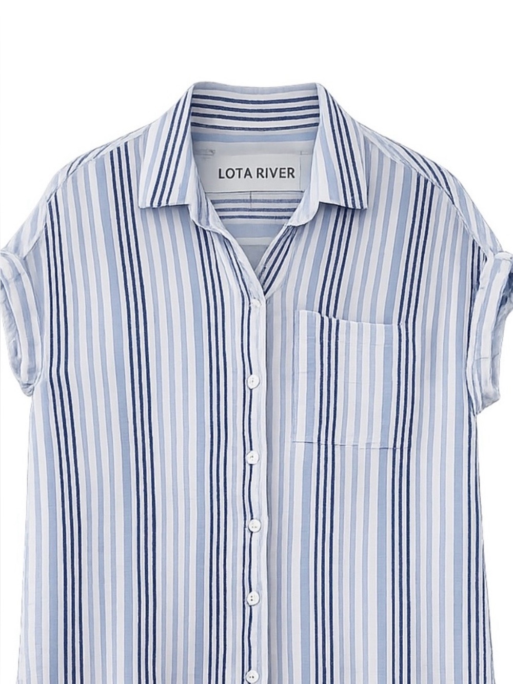Lola River Blue Striped Button Down Shirt Medium 100% Cotton Short Sleeve - Picture 1 of 2